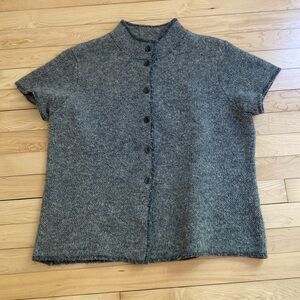 Eileen Fisher Tonal Birdseye Fluff Cap Sleeve Mandarin Collar Cardigan Gray XL